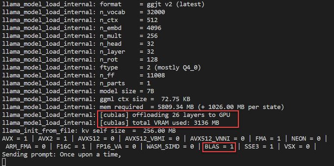 Terminal output showing VRAM usage and layers being offloaded to GPU