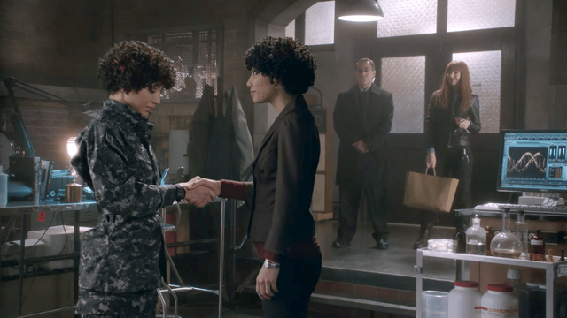 A screengrab from a Fringe episode showing autistic Agent Astrid Farnsworth, from the Amber World, and neurotypical Agent Astrid Farnsworth, from the Prime World, saying their goodbyes.

In the background is an unnamed FBI security escort, and the Olivia Dunham from the Amber World.