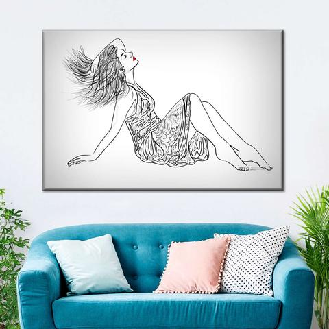   Drawing art depicting a girl reclining in a summer dress with flowing hair and closed eyes, this piece will bring summertime vibes into any home. 🌸