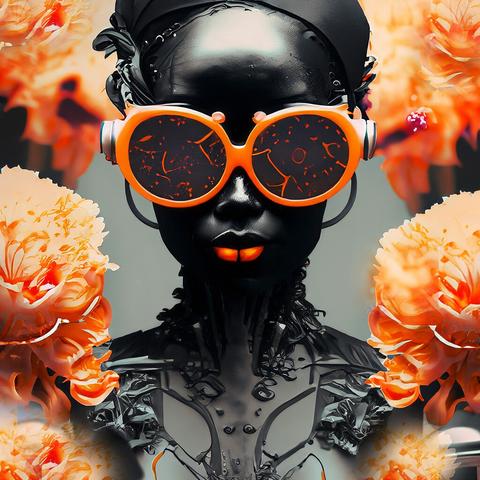 portrait of black cyborg lady with orange sunglasses
surrounded by orange flowers
pop art
