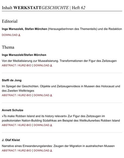 Screenshot des Inhaltsverzeichnisses des WerkstattGeschichte-Hefts 62/2013 (Auszug).