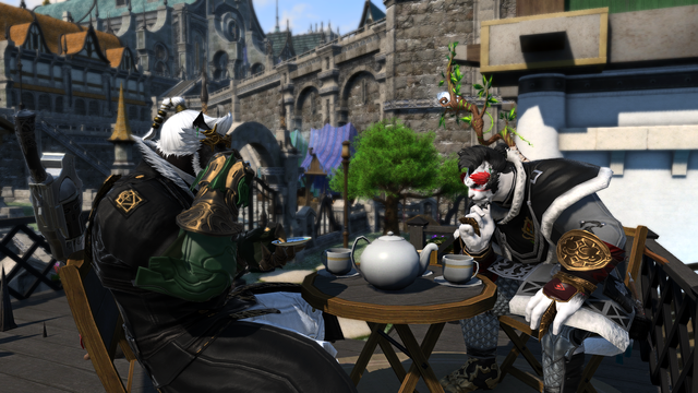 Two hrothgars drinking tea at a raised patio the Empyreum residential district: The black and white hrothgar with olive green highlights drinking a tea next to a white and black hrothgar with red highlights staring intensely at the tea set on the table.