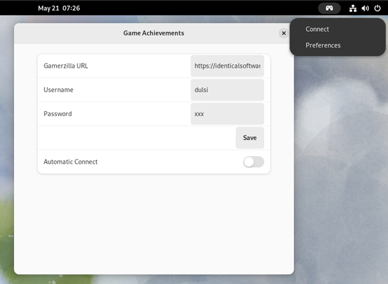 Gamerzilla shell extension icon, menu, and preferences screen.