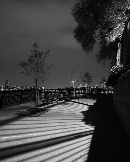 Black and white photo of East River Greenway at night with security lights pouring through the Gracie Mansion stone wall and fencing; Queens skyline is across the river in the background • Carl Schurz Park • New York • 2023