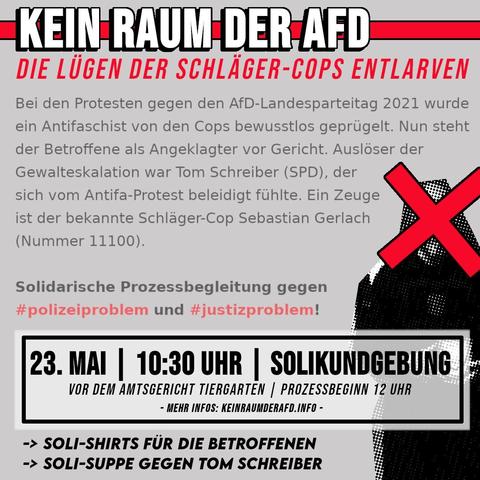 💥Ankündigung! Dienstag 23.05.2023💥

🔥Kundgebung: Prozessbegleitung gegen lügende Prügelcops!🔥

Dienstag, 23.05.2023 | 10:30 Uhr | Turmstraße 91 10559 Berlin
Anreise: U9 Turmstraße, Bus 123, 187

#b2305 #TomDuLauch
