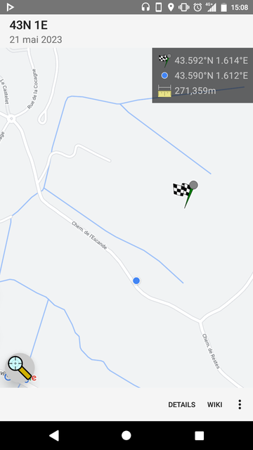 Screenshot of geohashdroid showing my position about 270m from the target point, with no roads allowing to get any closer
