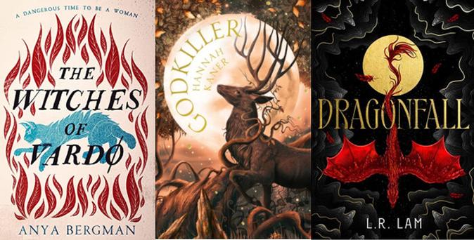 covers for Witches of Vardo, Godkiller and Dragonfall, for upcoming, three-author event at the Edinburgh Bookshop