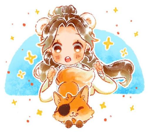 Cute art of Xie Lian with ferret ears and a fox Hua Cheng. There are sparkles around them!