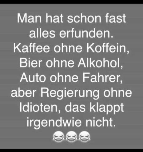 Man hat schon fast alles erfunden, Kaffee ohne Koffein, Bier ohne Alkohol, Auto ohne FahrerIn, aber Regierung ohne Trottel klappt irgendwie nicht.