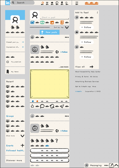 Wireframe created with TinyUX of LinkedIn desktop site.