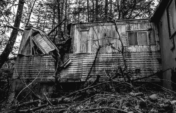 An abandoned house, derelict in the woods & slowly falling apart. Monochrome photo.