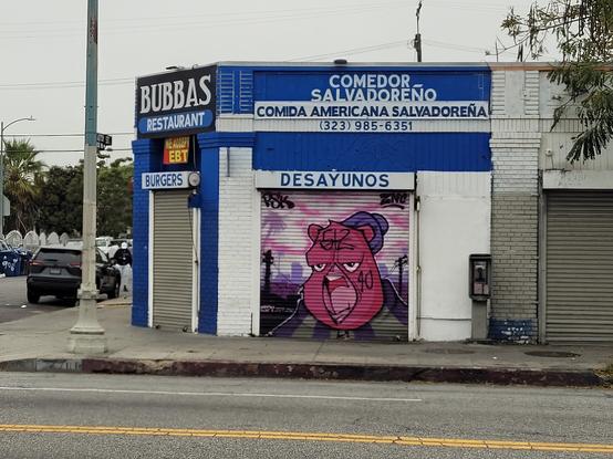 A one story brick restaurant on a very Los Angeles looking corner. Two roll down doors are visible, the largest with a graffiti style pink cartoon character wearing a purple knit beanie with signatures or crew tags saying PSK and ZNC. The overall color theme is blue and white like the Salvadoran flag. The various painted signs say;

BUBBA'S RESTAURANT
BURGERS
DESAYUNOS
COMEDOR SALVADOREÑO
COMIDA AMERICANA-SALVADOREÑA
WE ACCEPT EBT