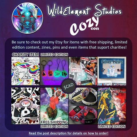 Etsy shop advert with stickers, blacklight reactive charms, badges, booklets/zines/comics, mental health related,  holographic prints, wristbands, etc.