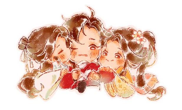 Cute art of Hua Cheng getting kisses from TWO Xie Lians!! He looks flustered and the Xie Lians look very happy!