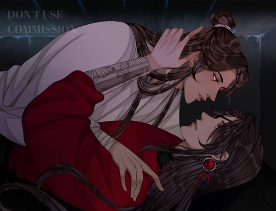 Art of Xie Lian lying on top of Hua Cheng inside their coffin boat. They're staring into each other's eyes, and there's some tension between them.