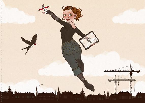 Illustration einer Superheldin bzw. Superillustratorin, die ein bisschen wie @Lily_Lux aussieht, mit einem großen iPad und von einer Schwalbe begleitet über eine Stadt mit riesigen Baukränen fliegt und ganz eventuell ein klitzekleines bisschen selbstironisch gemeint ist.