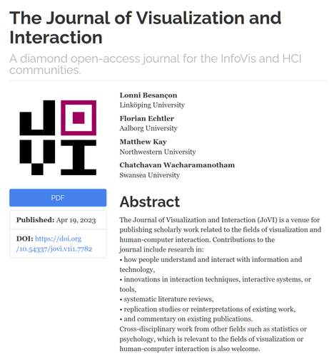 Screenshot of a paper header.

Authors:
Lonni Besançon
Linköping University
Florian Echtler
Aalborg University
Matthew Kay
Northwestern University
Chatchavan Wacharamanotham
Swansea University
Abstract

The Journal of Visualization and Interaction (JoVI) is a venue for publishing scholarly work related to the fields of visualization and human-computer interaction. Contributions to the
journal include research in:
• how people understand and interact with information and technology,
• innovations in interaction techniques, interactive systems, or tools,
• systematic literature reviews,
• replication studies or reinterpretations of existing work,
• and commentary on existing publications.
Cross-disciplinary work from other fields such as statistics or psychology, which is relevant to the fields of visualization or human-computer interaction is also welcome.