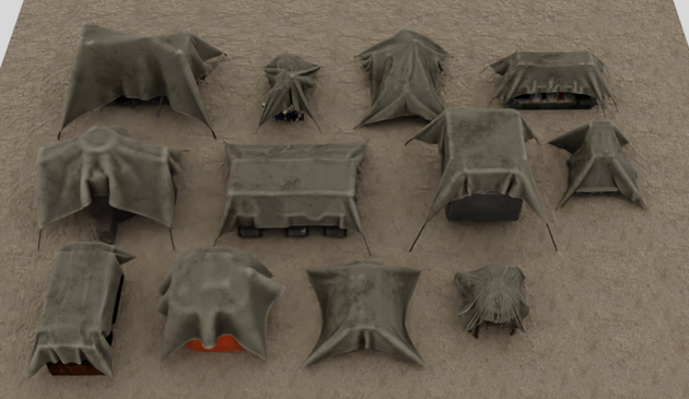 Screenshot from within Blender of the tarp covered greebles in the file.