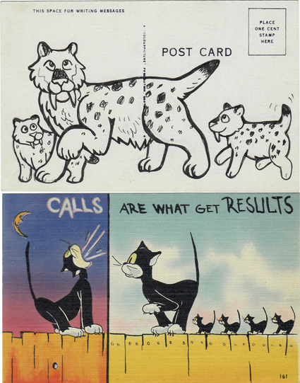 pen and ink drawing of a sabertooth cat and kittens on  a postcard. The front of the postcard is a cartoon drawing of cats and kittens and a drawing of a yowling cat. Text reads "calls are what get results."