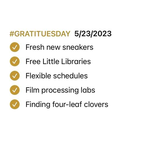 Screenshot of Notes app checklist with all items marked as complete. List reads:  

#GRATITUESDAY  5/23/2023
- [x] Fresh new sneakers 
- [x] Free Little Libraries 
- [x] Flexible schedules
- [x] Film processing labs
- [x] Finding four-leaf clovers