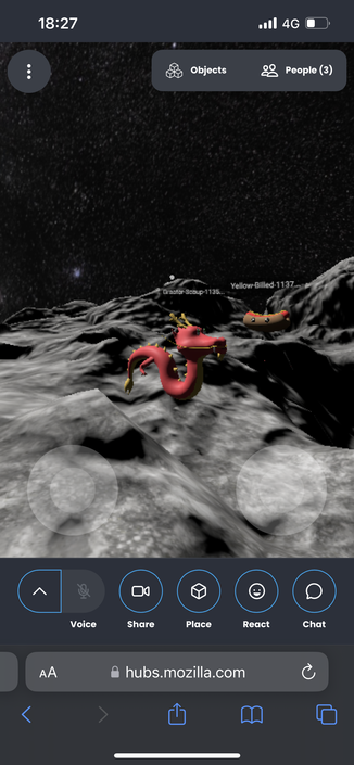 A screen shot from inside the VR scene. A dragon and hot dog avatar are on the surface of the asteroid.