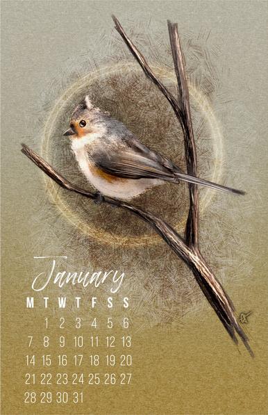 Illustration of a titmouse bird on a forked branch against a textured paper background.  Surrounding the bird is a soft glowing double-ringed halo of light.

In the lower left hand corner is a calendar of days for the month of January, 2024.