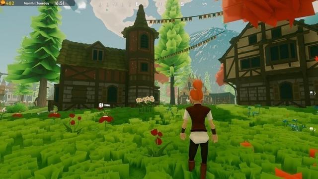 An auburn-haired adventurer runs through a grassy field towards Medieval building in a low poly videogame style screenshot