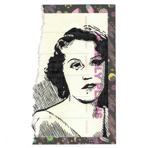 Pen drawing of Fay Wray drawn on a torn weekly planner.