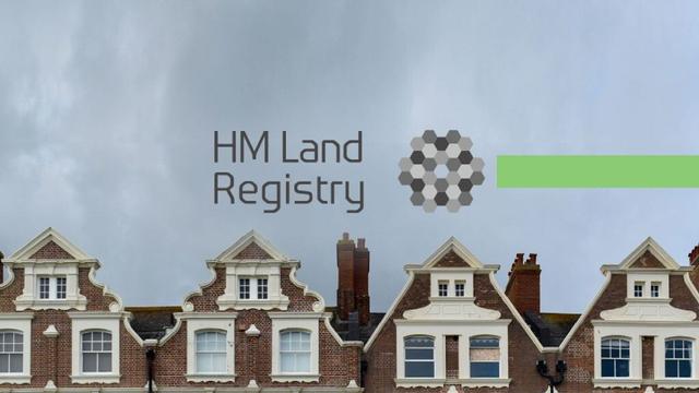 Decorative image. Background photo of a line of the tops of four terraced houses and cloudy sky with in the foreground the HMLR logo and a bold green line from the right image edge to the logo