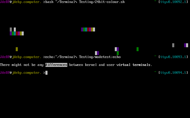 A FreeBSD kernel virtual terminal screen, showing some coloured Z shell prompts and the results of running two test programs.  The first displays mainly black lines, with a few splodges of CGA colours.  The second displays a sentence in white on black with the word "differences" in reverse video.