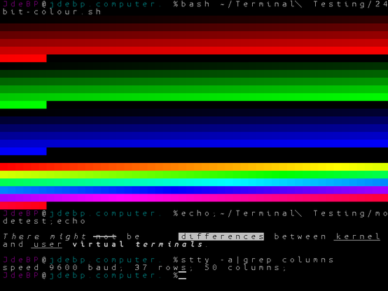 A nosh toolset user-space virtual terminal screen, showing some coloured Z shell prompts and the results of running two test programs.  The first displays four colour bars, red, green, blue, and rainbow, with 256 colours per bar.  The second displays a sentence in white on black with the words in variously reverse video, italics, underlined, boldface, boldface italics, strikethrough, and invisible.  After that is one line of output from the "stty" command reporting 37 rows and 50 columns.  The cursor on the last line, at the Z shell prompt, is an underbar+overbar.