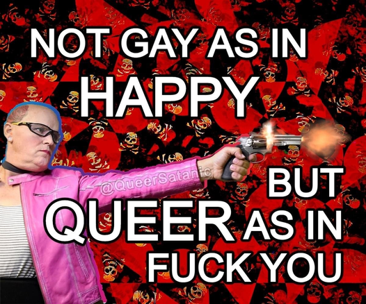 "Not gay as in happy but queer as in fuck you" - bald trans woman with tattoo on back of head firing a gun on background by @hologender