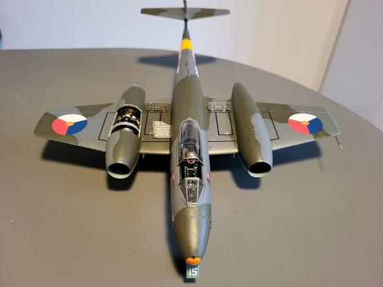 1/48 scale detailed model kit of a Dutch air force Gloster Meteor from the fifties