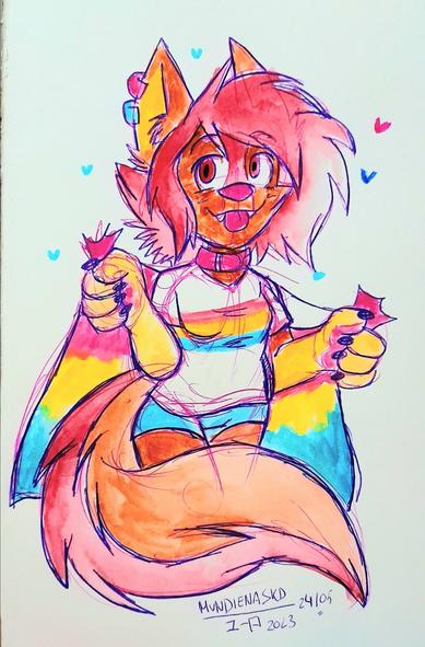 Watercolour doodle of my fursona Mundiena with the Pansexual flag