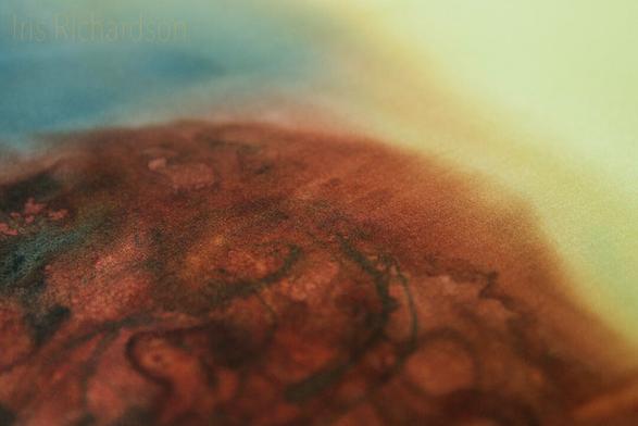 Red, blue and yellow Silk Abstruct. The red has a gradience of reds with floral curves. The colors have a delicate blend on the top with blue and yellow dominating the upper painting composition. The reds are the dominant tones. Artist Iris Richardson, gallery Pixel