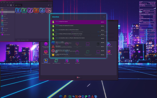 A flashy dark mode screenshot of Elive RetroWave