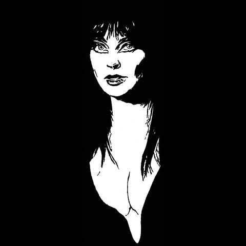 Pen drawing of Elvira smiling drawn on a black background.