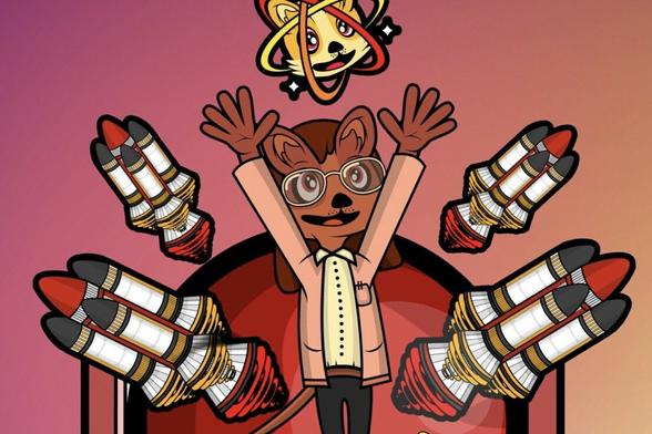 A cartoon illustration by MOULE (2023) of myself, an anthropomorphic rose-gold-coloured quokka wearing round gold-framed glasses, a beige buttoned shirt, a very faint red lab coat over it, and black pants and shoes.

I am cheerfully raising my hands to the sky towards a Quokkium atom, a gold, sparkly quokka head with three atomic orbits around it, and four quokkaships: two to my left and right.

I am standing on a red planet in front of a faint pink gradient background.