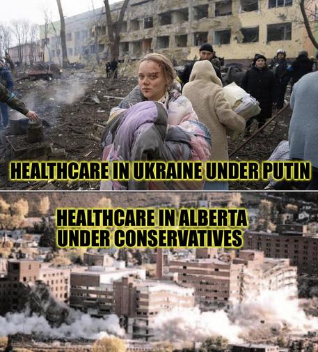 Mariupol maternity hospital bombed by putin on top, Calgary general hospital bombed by Klein on bottom