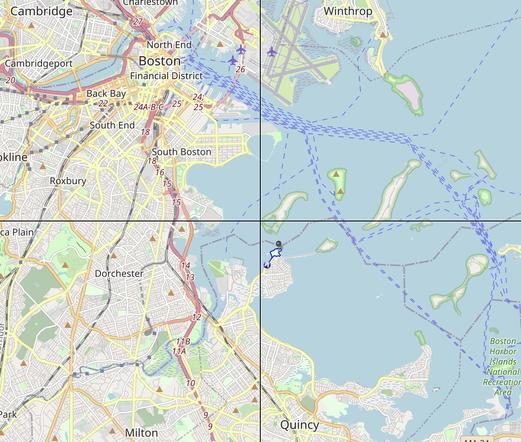 This map shows the location of the outcrop (black pin near center), at the north boundary of Quincy, and across Dorchester Bay from the University of Massachusetts Boston; Boston is at the top center. OpenStreetMap in MyTracks.