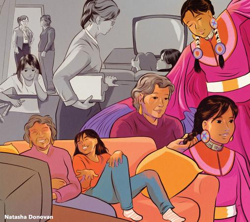 A illustration by Metis artist Natasha Donovan. The illustration portrays the struggle of a native child and her grandmother while they navigate the child welfare system. Adoption is the heavy theme with half the image in black & white. Social workers share planning near a struggled child. The other half color with joy of time spent with Grandma, laughing, dancing, being