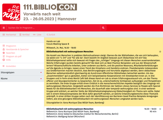 Programm zur 111. BiblioCon "#Bibliotheksarbeit mit #wohnungslosen Menschen"