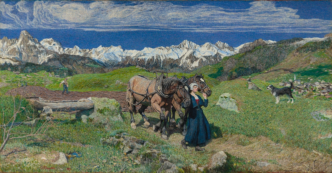 A sweeping landscape in Switzerland. In the middle, a farm girl in traditional costume leads two draft horses past a watering trough. Behind them is a freshly plowed field where a sower scatters seeds. A black and white dog stands watchful to the right. Behind the dog, in the distance, is a village, identifiable as the town of Soglio, and farther in the distance, and attracting the eye, the snow-covered Alps dominate the skyline.