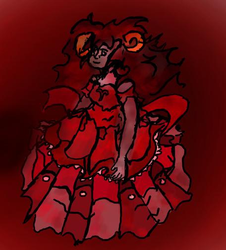 One of two drawings of Aradia Megido wearing a fancy red dress with an Aries symbol on the chest, clearly a variation on her God Tier outfit. This drawing is digital and was clearly drawn by a younger artist with a worse understanding of anatomy and shakier hand. The lighting is inconsistent. There are some pale pink ruffles on this Aradia’s dress and her arms are down by her side. The figure floats in a dark red/black void.