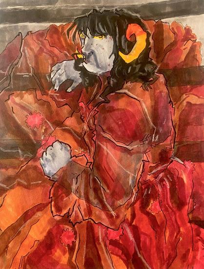One of two drawings of Aradia Megido wearing a fancy red dress with an Aries symbol on the chest, clearly a variation on her God Tier outfit. The second drawing is traditional, done with copic markers, and the line art is much neater. This Aradia is sitting on steps and her dress stretches out around her, clearly affected by gravity. The lighting is coming from above and in the front. Aradia’s arms are bent and on her lap. This dress has long sleeves and is poofy, with time symbols on a layer of tutu above a chiffon base. Her eyes are yellow with goat irises, and she has a scattering of dark red freckles on her face.