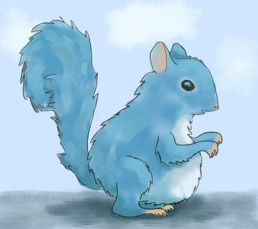 Silly drawing of a blue, pear-shaped squirrel. Digitally painted in Krita.