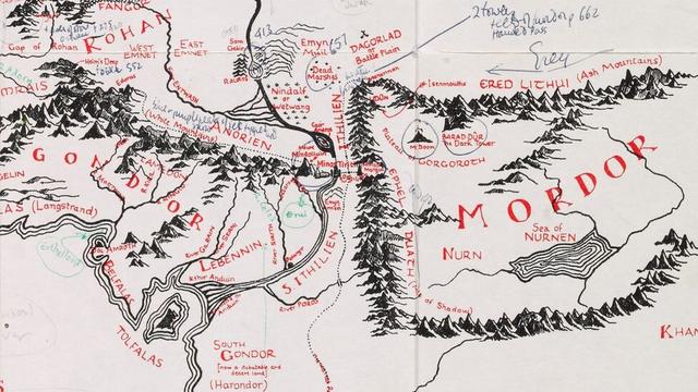 A crop of a map of Middle-earth annotated by JRR Tolkien (posted by the BBC to advertise the map was on show at Oxford’s Bodleian Library). White with black features, red lettering, and annotations in different colors.