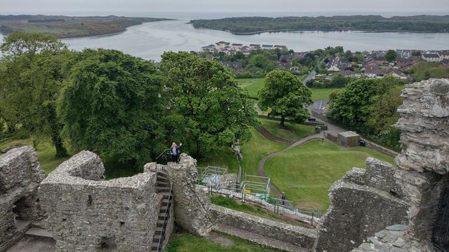View over the light stone ruins of Dundrum castle through leafy trees to the still waters of distant Dundrum bay