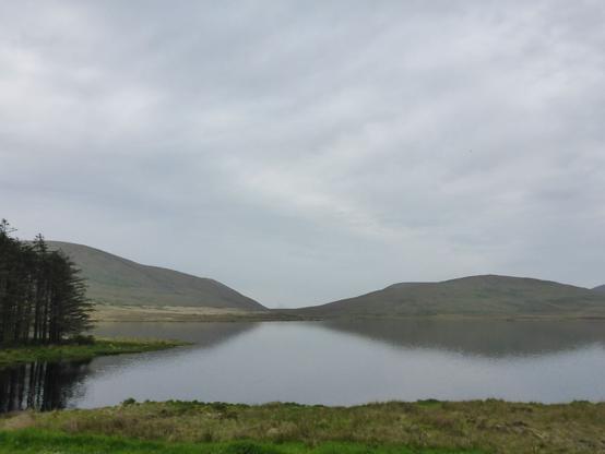 View across the still waters of Spelga Dam on a light misty day, with a grassy foreground and rolling mountain backdrop