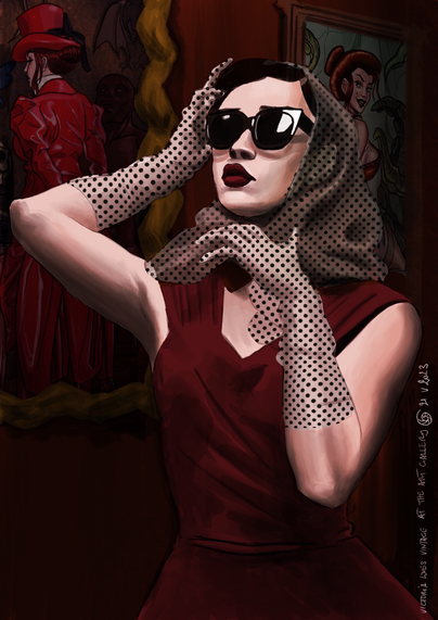Victoria loves vintage in a red dress, gloves, headscarf and sunglasses at an art exhibition